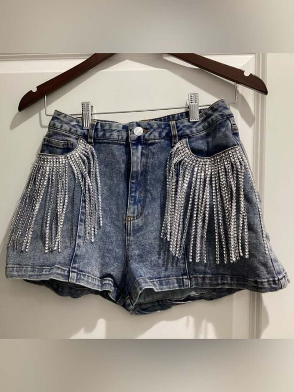 Blueb, Shorts with Silver Rhinestone Fringe and Cow Print Back Pockets - NWT - S